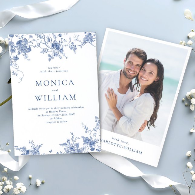 Elegant Victorian Blue French Floral Wedding Invitation (Creator Uploaded)