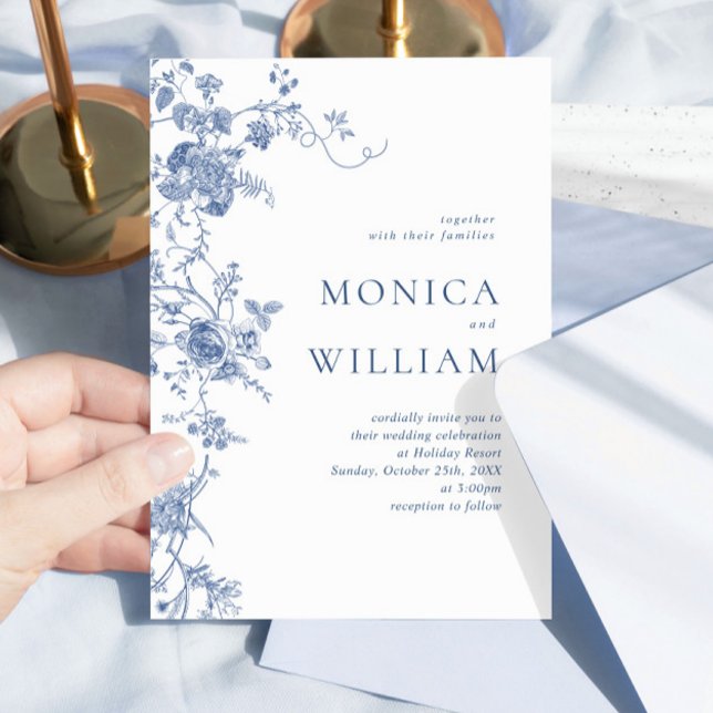 Elegant Victorian Blue French Floral Wedding Invitation (Creator Uploaded)