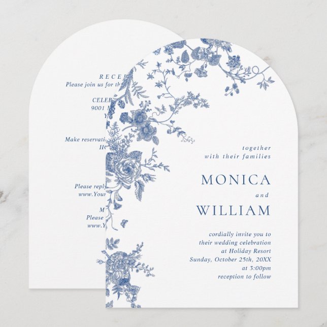 Elegant Victorian Blue French Floral Wedding Invitation (Front/Back)
