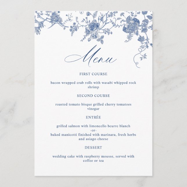 Elegant Victorian Blue French Floral Wedding Menu (Front)