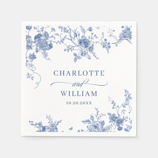 Elegant Victorian Blue French Floral Wedding Napkin (Front)