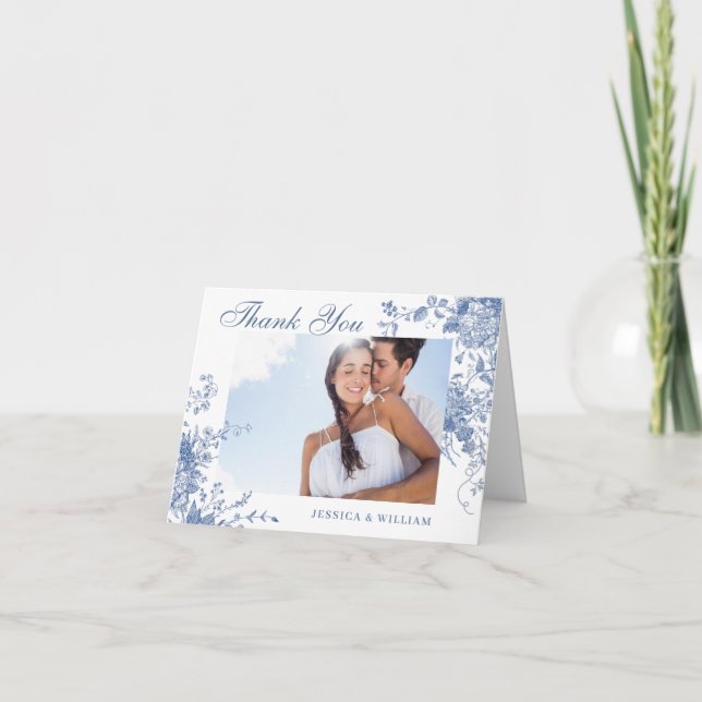 Elegant Victorian Blue French Floral Wedding Photo Thank You Card (Front)
