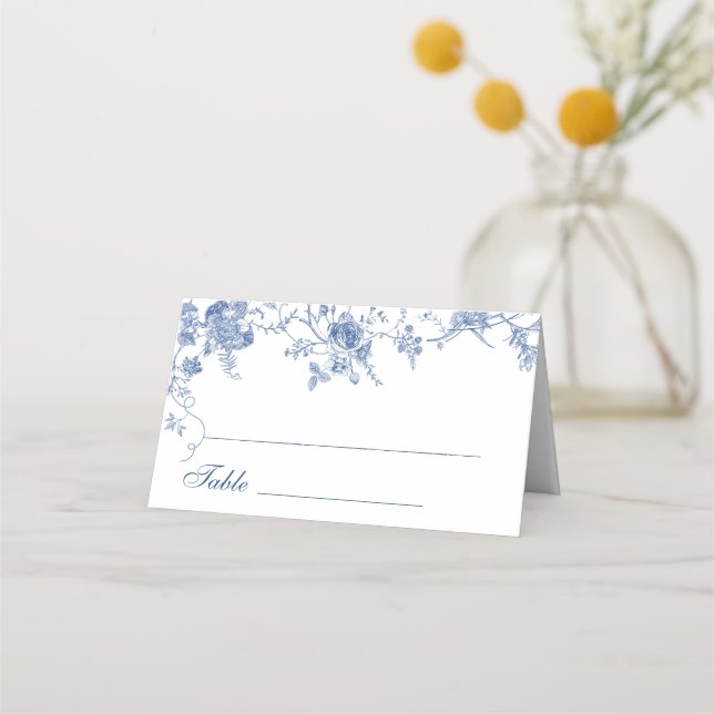 Elegant Victorian Blue French Floral Wedding Place Card (Front)