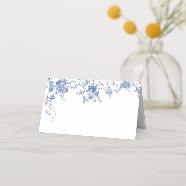 Elegant Victorian Blue French Floral Wedding Place Card (Front)