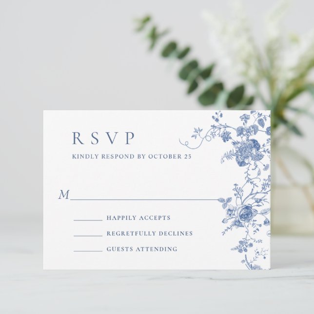 Elegant Victorian Blue French Floral Wedding RSVP Card (Standing Front)