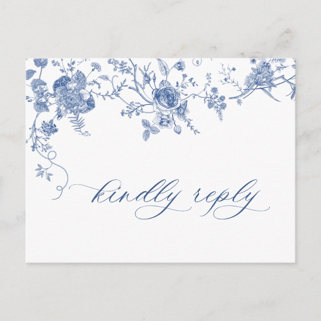 Elegant Victorian Blue French Floral Wedding RSVP Postcard (Front)