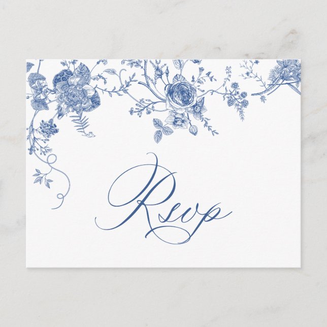 Elegant Victorian Blue French Floral Wedding RSVP Postcard (Front)