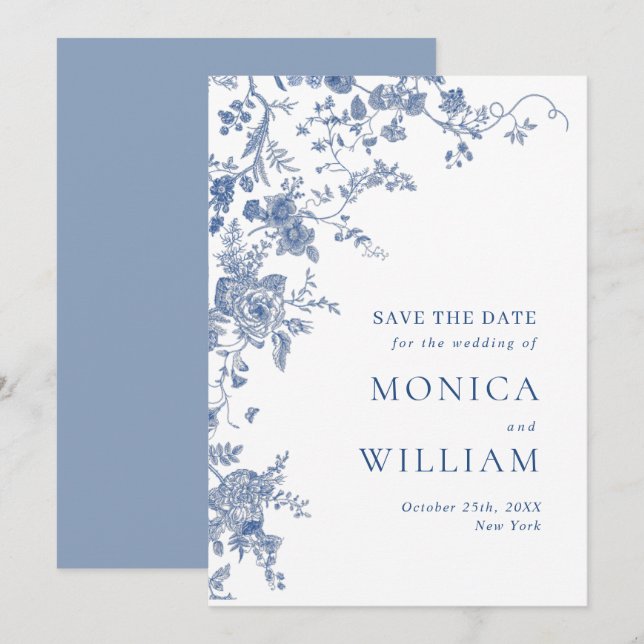 Elegant Victorian Blue French Floral Wedding Save The Date (Front/Back)