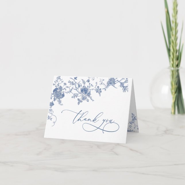 Elegant Victorian Blue French Floral Wedding Thank You Card (Front)