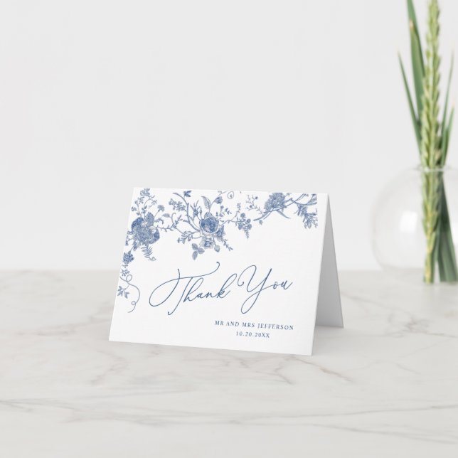 Elegant Victorian Blue French Floral Wedding Thank You Card (Front)