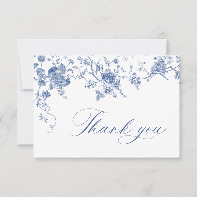Elegant Victorian Blue French Floral Wedding Thank You Card (Front)