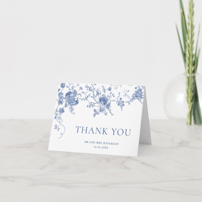 Elegant Victorian Blue French Floral Wedding Thank You Card (Front)