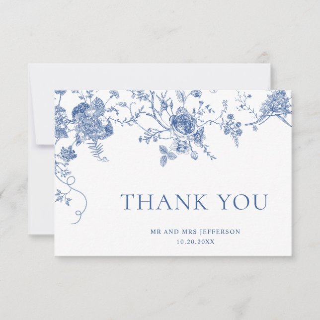 Elegant Victorian Blue French Floral Wedding Thank You Card (Front)