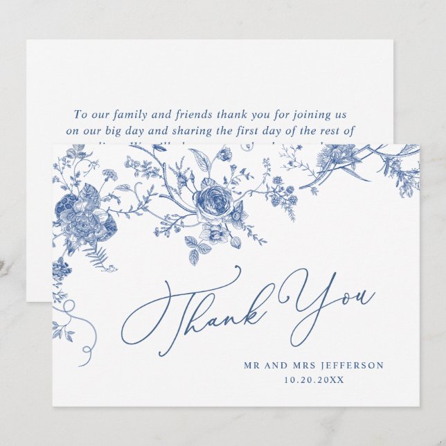 Elegant Victorian Blue French Floral Wedding Thank You Card (Front/Back)