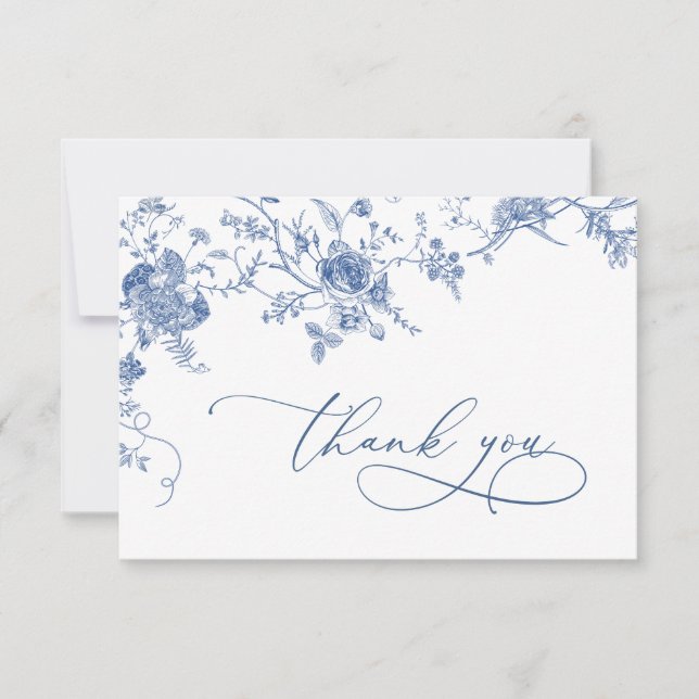 Elegant Victorian Blue French Floral Wedding Thank You Card (Front)