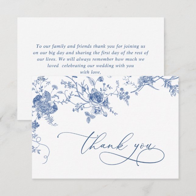 Elegant Victorian Blue French Floral Wedding Thank You Card (Front/Back)