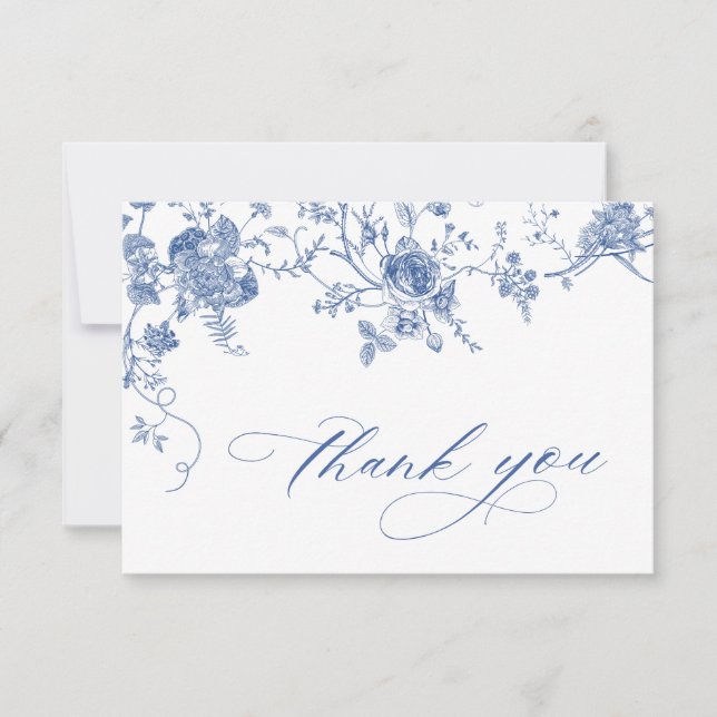 Elegant Victorian Blue French Floral Wedding Thank You Card (Front)