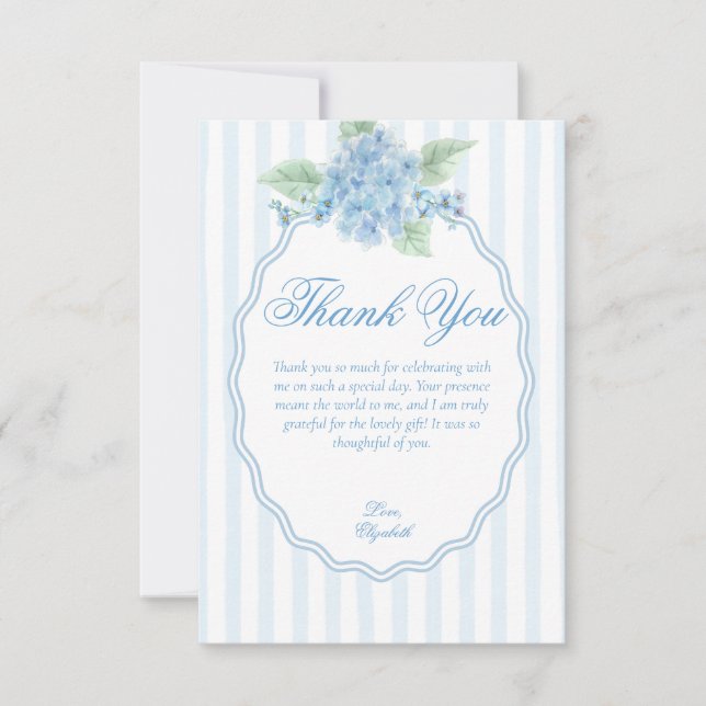 Elegant Victorian Blue Hydrangea Scalloped Frame Thank You Card (Front)