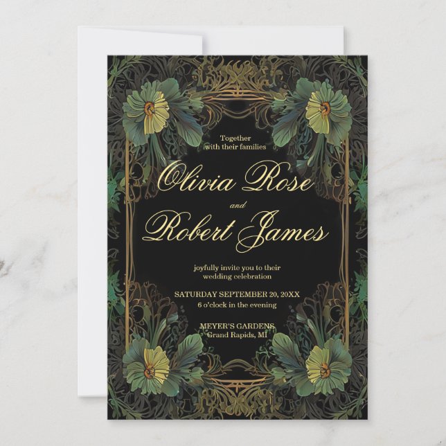 Elegant victorian botanical moody dark wedding invitation (Front)