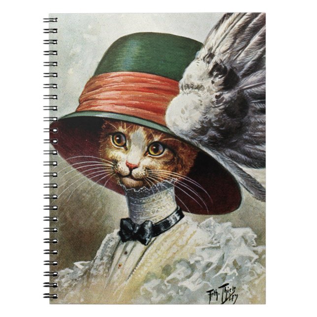 Elegant Victorian cat in winged hat notebook (Front)