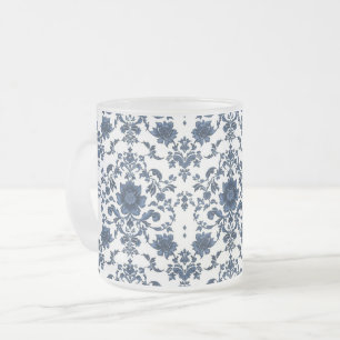 Elegant Victorian Damask Flower Pattern Navy Blue  Frosted Glass Coffee Mug