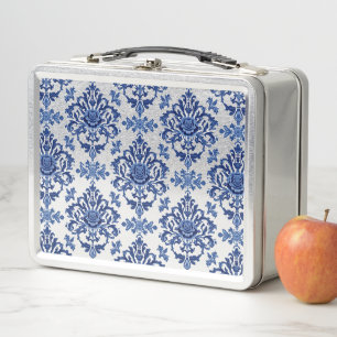 Elegant Victorian Damask Flower Pattern Navy Blue  Metal Lunch Box