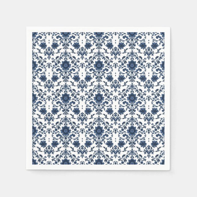 Elegant Victorian Damask Flower Pattern Navy Blue  Napkin (Front)