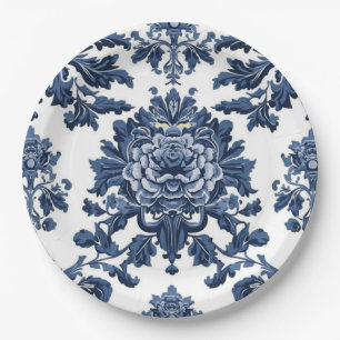 Elegant Victorian Damask Flower Pattern Navy Blue Paper Plate