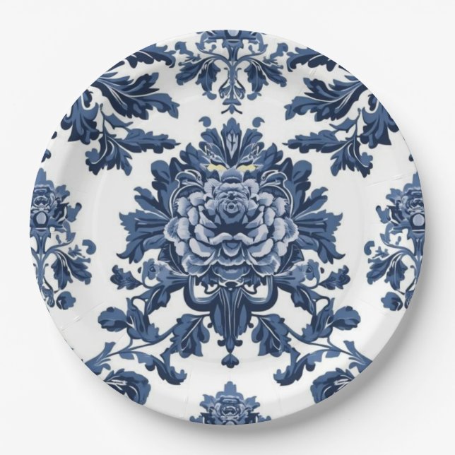 Elegant Victorian Damask Flower Pattern Navy Blue  Paper Plate (Front)