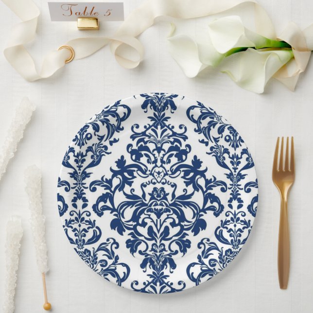 Elegant Victorian Damask Flower Pattern Navy Blue  Paper Plate (Wedding)