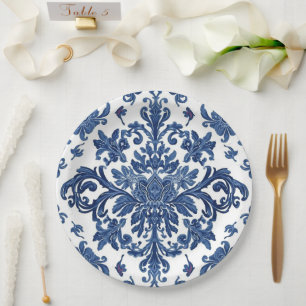 Elegant Victorian Damask Flower Pattern Navy Blue Paper Plate