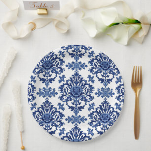 Elegant Victorian Damask Flower Pattern Navy Blue Paper Plate