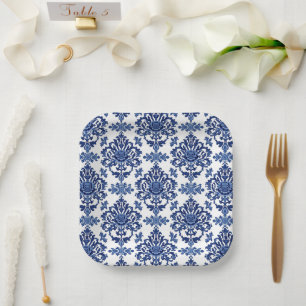 Elegant Victorian Damask Flower Pattern Navy Blue Paper Plate