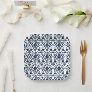 Elegant Victorian Damask Flower Pattern Navy Blue Paper Plate