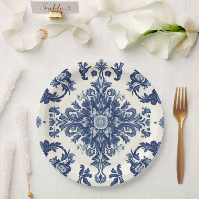 Elegant Victorian Damask Flower Pattern Navy Blue  Paper Plate (Wedding)