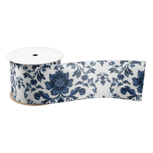 Elegant Victorian Damask Flower Pattern Navy Blue  Satin Ribbon