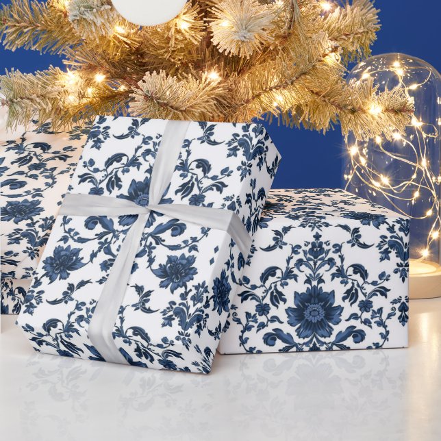 Elegant Victorian Damask Flower Pattern Navy Blue  Wrapping Paper (Holidays)