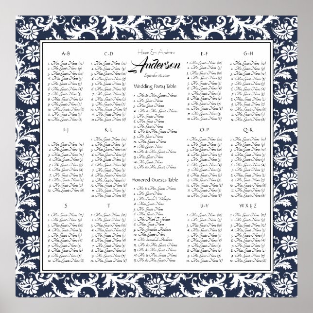 Elegant Victorian Damask Wedding Seating Chart (Front)