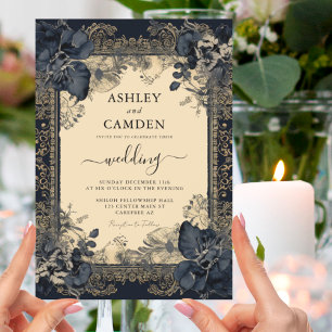 Elegant Victorian Dark Blue Gold Wedding Invitation