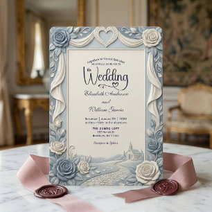 Elegant Victorian Dusty Blue Faux Embossed Rose Invitation