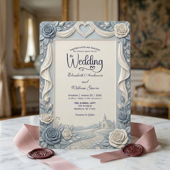 Elegant Victorian Dusty Blue Faux Embossed Rose Invitation (Creator Uploaded)