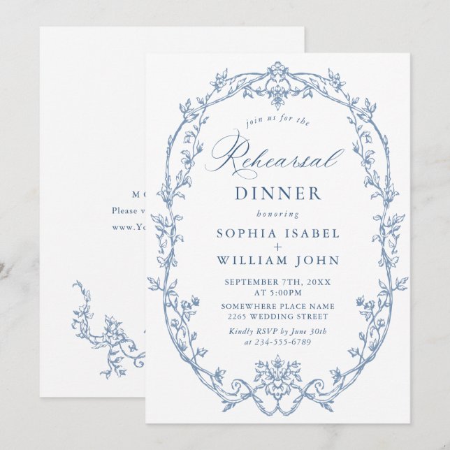 Elegant Victorian Dusty Blue Rehearsal Dinner Invitation (Front/Back)