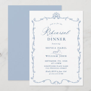Elegant Victorian Dusty Blue Rehearsal Dinner Invitation