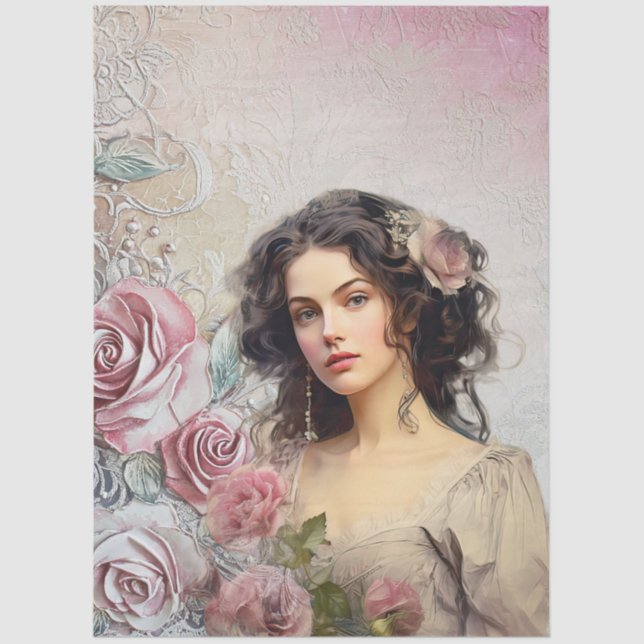 Elegant Victorian Era Lady Lavender Roses & Lace Tissue Paper (Front)