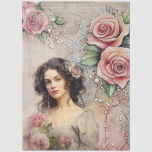 Elegant Victorian Era Lady Pink Roses & Lace Tissue Paper