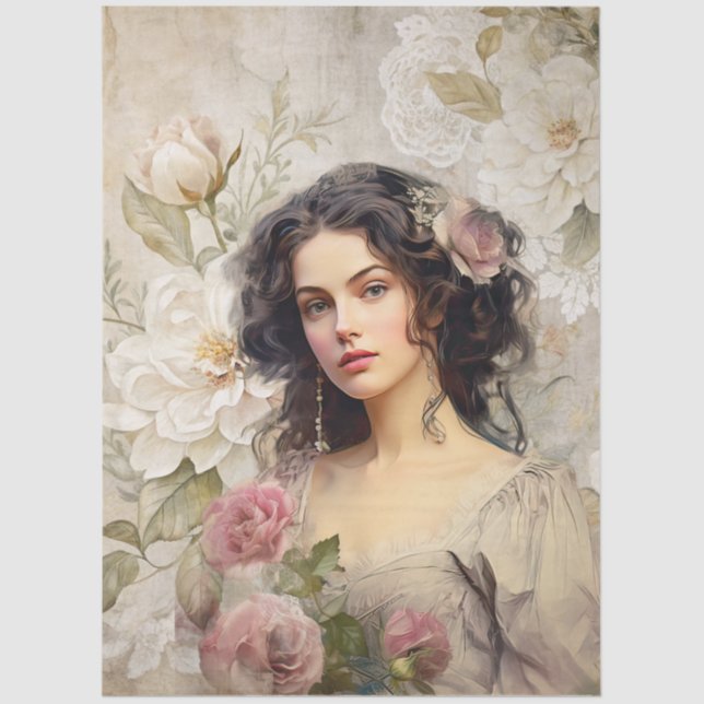 Elegant Victorian Era Lady White & Pink Florals Tissue Paper (Front)