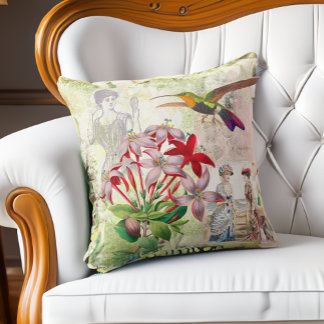 Elegant Victorian Fashion Collage Flowers Birds Cushion