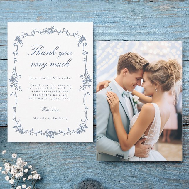 Elegant Victorian French Blue Floral Wedding Photo Thank You Card (Front & Back)