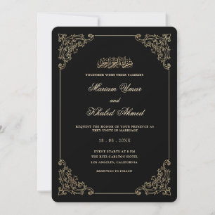 Elegant Victorian Gold Frame Black Muslim Wedding Invitation