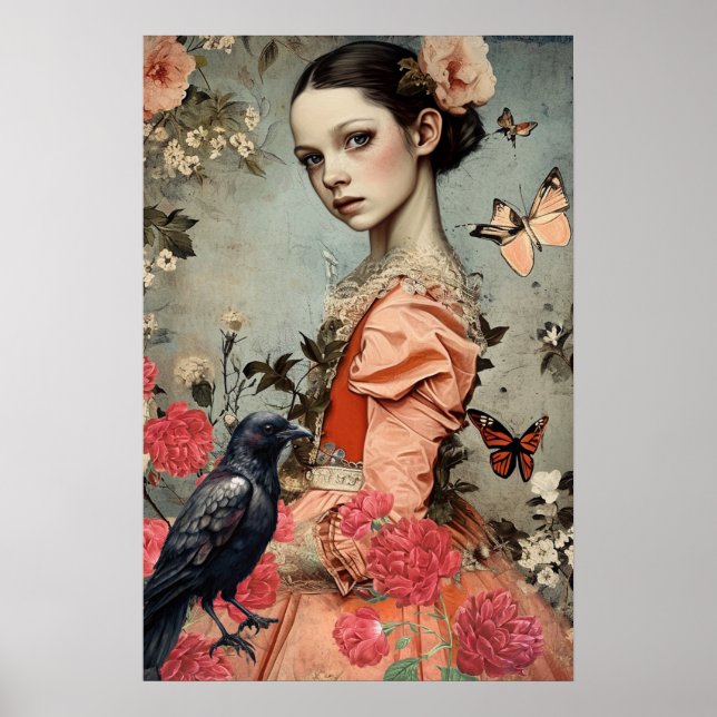 Elegant Victorian Gothic Girl Floral & Raven Poster (Front)